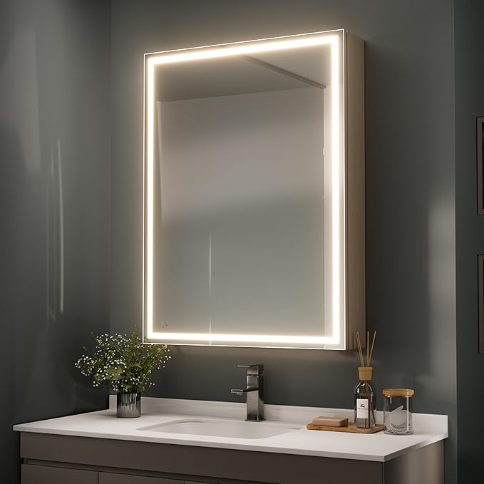 32x24 inch LED Lighted Medicine Cabinet with Mirror, Moisture-Resistant Wood, Stepless Dimmable, 3000K/5500K, Defogger, Adjustable Shelf, Flat-Pack Design – Assembly Required (Grey)