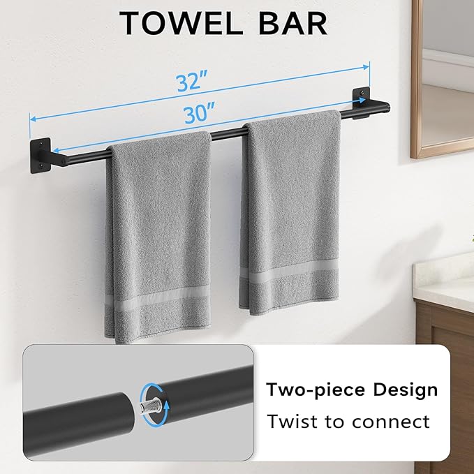 4 Pieces Bathroom Hardware Set, 32 inch Towel Bar, Matte Black Bathroom Accessories Set, Towel Racks for Bathroom, Robe Towel Hooks, Toilet Paper Holder Wall Mounted