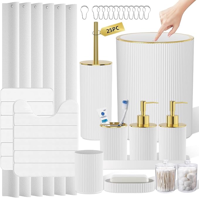 White and Gold Bathroom Accessories Set - Bathroom Sets, 25PC Bath Accessory Set, Bathroom Sets with Push Top Trash Can, Shower Curtain and Rugs, Toilet Brush, Trash Can & Soap Dispenser