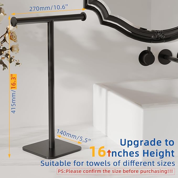 RUACQ Hand Towel Stand, 16" T-Shape Hand Towel Holder Stand for Bathroom, Kitchen and Countertop Towel Holder 304 Stainless Steel Hand Towel Rack with Weighted Base (Matte Black)