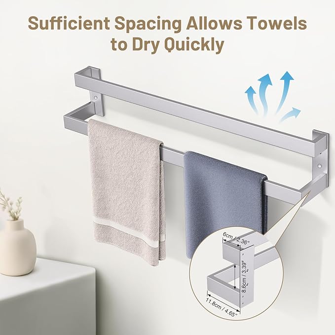 TNOMS Double Towel Bar,Towel Rack for Bathroom Stainless Steel Wall-Mounted Bathroom Hardware Accessories Brushed Nickel 24 Inch