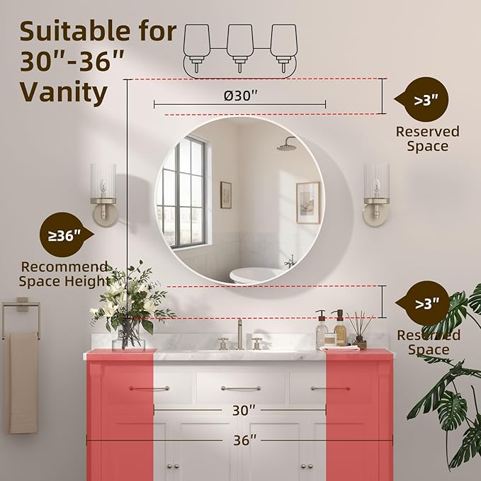 30 x 30 Inch Round White Mirror Medicine Cabinet Surface Mounted, Circular Modern Bathroom Medicine Cabinet with Mirror, Metal Framed Medicine Cabinets with Tempered Glass Mirror