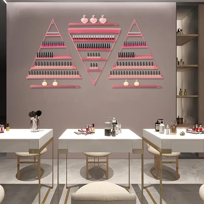6PCS Triangular Wall-Mounted Nail Polish Racks, Pink 5-Tier Nail Polish Shelves, Heavy-Duty Cosmetic Display Cases with Raised Edges for Nail Salon, Home, Shop Use