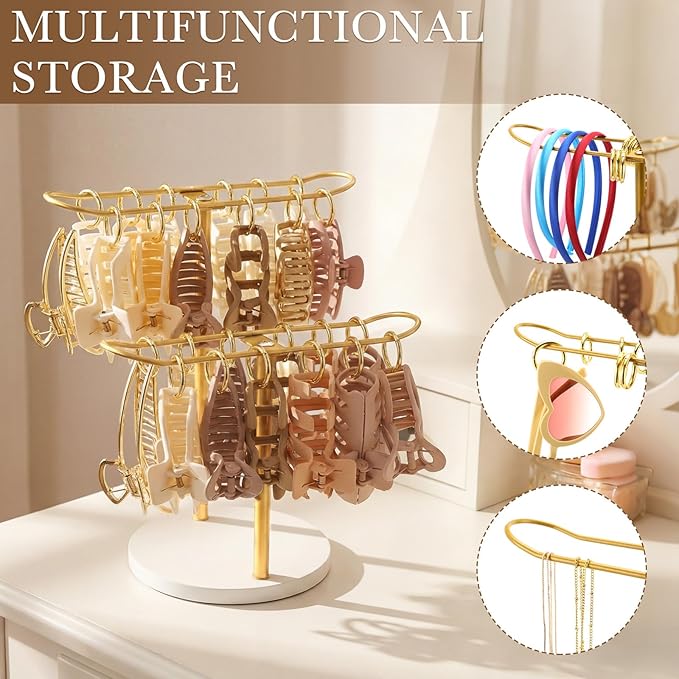 Lewtemi 2-tier Metal Claw Clip Organizer with 24 Golden Rings Hair Clip Holder Stand Claw Clips Storage Display Rack Hair Accessories Organizer Room Dressing Table Bathroom Decor for Women and Girls