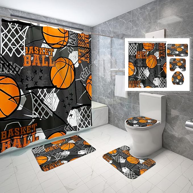 4 Piece Baseball Shower Curtain Waterproof Abstract Sport Basketball Modern Boys Bathroom Sets with Non-Slip Rugs, Toilet Lid Cover and Bath Mat with Standard Size