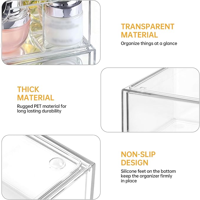 PAVSTINE Medicine Cabinet Organizer 3 Pack, Plastic Stackable Storage with 2 Drawers, Bathroom Mirror Cabinet Organizer with Removable Dividers for Wall Cabinet, Vanity, Countertop, Clear