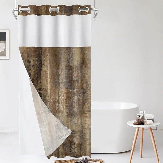 Shrahala Brown Abstract Art No Hooks Shower Curtain with Snap in Liner Set, Grey Acrylic Bathroom Décor Polyester Fiber Waterproof for Stall Bathtubs 35.5 X 74 in