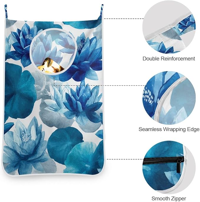 Ink Blue Lotus Flower Hanging Laundry Hamper Door Hampers Bag Basket with Stainless Steel Hooks Oxford Fabric Printing Decorative Clothes Bags 29.5X20inch 1Pack
