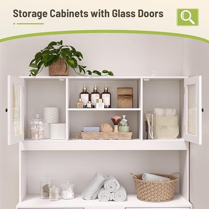 Tall Tilt-Out Double Laundry Hamper Cabinet with 2x11-Gallon Hidden Laundry Basket, Tilt Out Trash Bin Cabinet with Fluted Glass Doors, Farmhouse Wooden Bathroom Storage with Push Doors, White