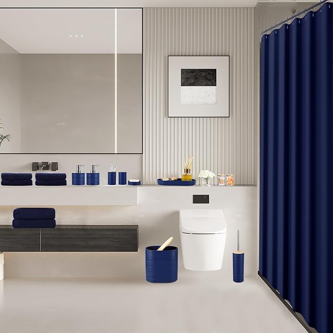 XLHOMO Navy Blue Bathroom Set, Bathroom Accessories Set with Shower Curtain, Bath Towel Set, Blue Shower Curtain Set with Bathroom Trash Can, Soap Dispenser, Soap Dish for Home Decor