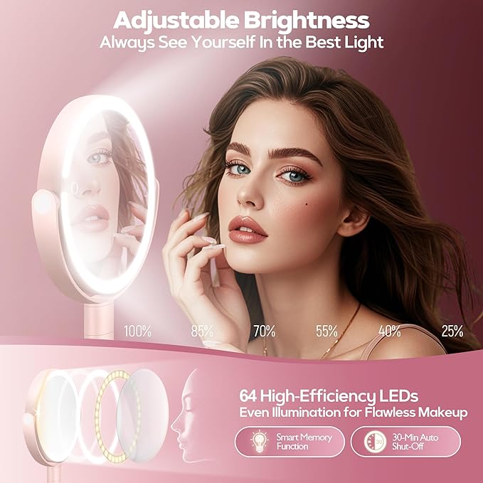 MOMOKUBA Makeup Mirror with Lights, 30X Magnifying & Height Adjustable, Lighted Magnifying Mirror with 3 Light Modes and Stepless Dimming, Vanity Mirrors for Bathroom, Birthday Gift for Women, Pink