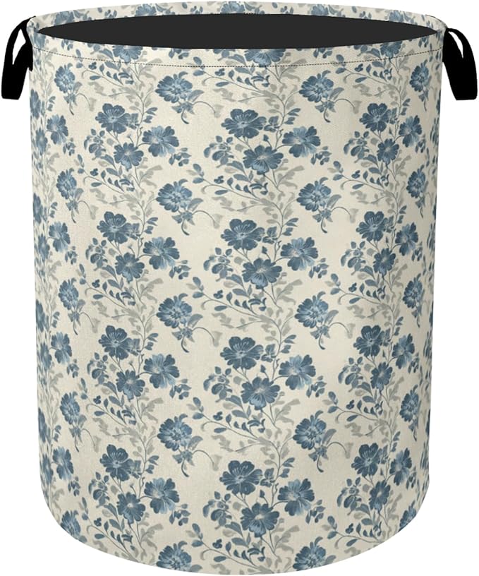 Beige Navy Blue Flowers Laundry Basket - Heavy Duty 60L Dirty Clothes Organizer, Water Resistant Foldable Hamper for Men Women