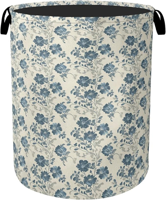 Beige Navy Blue Flowers Laundry Basket - Heavy Duty 60L Dirty Clothes Organizer, Water Resistant Foldable Hamper for Men Women
