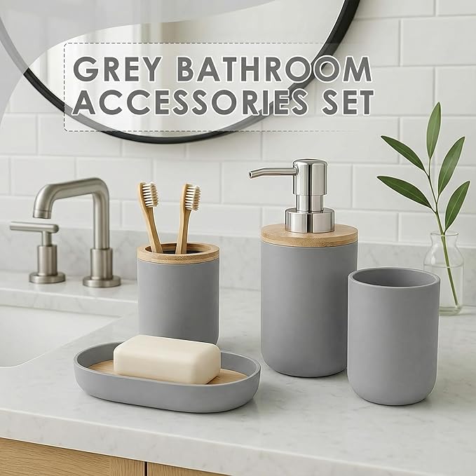 Grey Bathroom Decor and Accessories Set, Striped Gray Shower Curtain and Rug Set with Trash Can, Soap Dispenser, Soap Dish, Toothbrush Holder, Toothbrush Cup, Toilet Brush