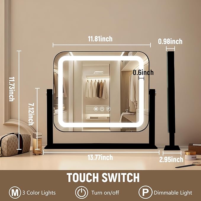 Ratsamee Black Vanity Mirror with Lights 14"×12", Led Makeup Mirror, Lighted Makeup Mirror with 3 Color Dimmable Lights, Smart Touch Screen Control, 360°Rotation