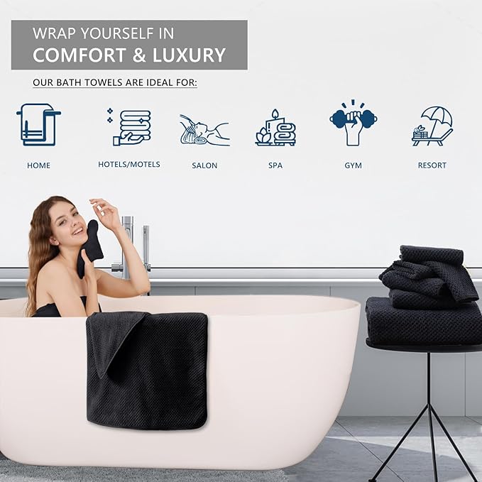8 Piece Bathroom Towel Set Black |2 Oversized Large Bath Towels Sheet,2 Hand Towels and 4 Washcloths| 600GSM Ultra Soft Luxury Premium Towel Set Highly Absorbent Quick Dry Hotel Towel Collection
