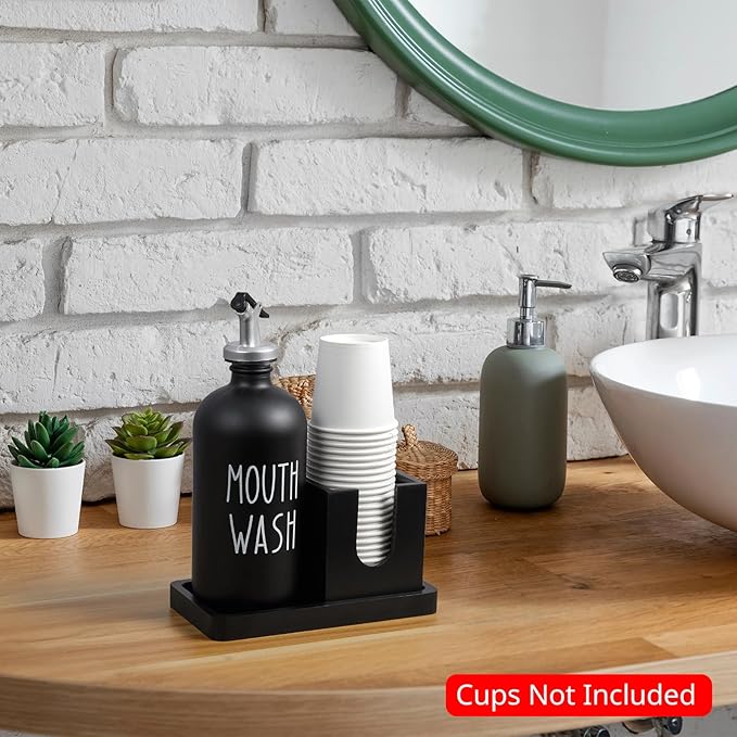 Glass Mouthwash Dispenser for Bathroom, 16 OZ Mouthwash Dispenser with Pour Spout and Wood Cup Holder and Tray, Mouth Wash Bottle Container, Black Kitchen Bathroom Decor and Accessories
