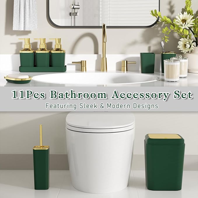 Bathroom Set — Green Bathroom Accessories Set, 11PC Bathroom Accessory Set, Green Bathroom Set with Push-lid Trash Can, 3PC Soap Dispensers, Toilet Brush & Qtip Holders