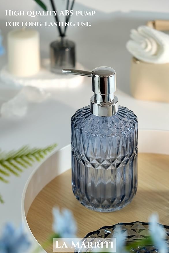 LaMarriti Blue Bathroom Accessories Set, 4Pcs Clear Glass Bathroom Decor Set, Lotion Soap Dispenser, Toothbrush Holder, Qtips Holder, Soap Dish for Crystal Modern Bath Decor, Gift Set