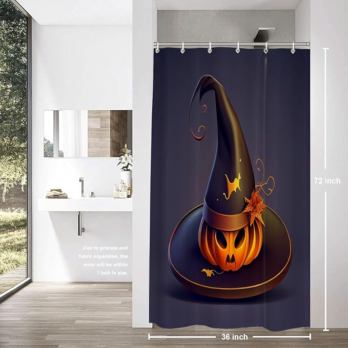 Shrahala Happy Halloween Funny Decorative Shower Curtain, Witch Hat Pumpkin Horror Purple Background Bathroom Décor Polyester Fiber Waterproof with Plastic Rings for Shower Stall Bathtubs 72 x 36 in