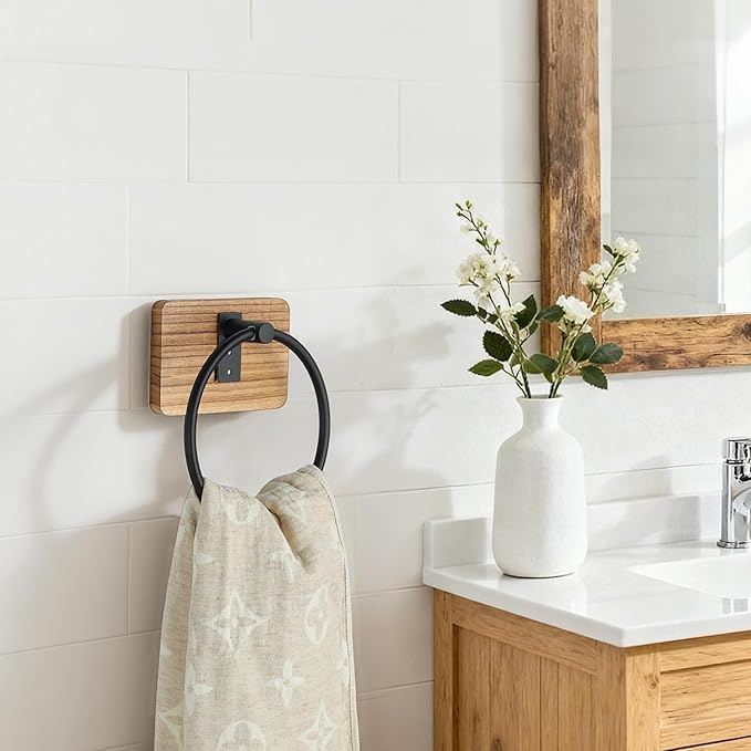 Farmhouse Towel Ring - Rustic Towel Holder Wall Mounted, Country Decor Hand Towel Holder, Bathroom Towel Organizer Waterproof, Wooden Base