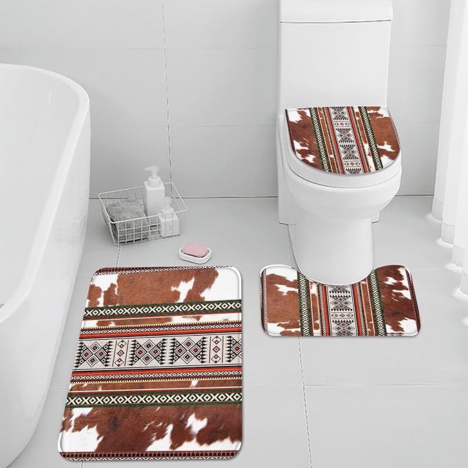 Pamnest 4 Pcs Shower Curtain Sets, Cowhide Cow Brown Waterproof Bathroom Sets with Non-Slip Rugs, Toilet Lid Cover and Bath Mat, Accessories Modern Home Bathroom Decor 72" X 72"