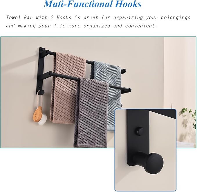 18-Inch Double Towel Rack with Hooks - Space Saving Towel Hanger, Matte Black Stainless Steel Towel bar for Bathroom Wall