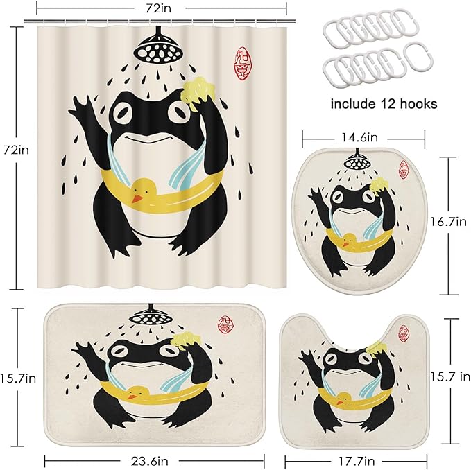 ArtSocket Funny Frog Bathing Bathroom Set with Shower Curtain and Rugs and Accessories, Asian Style Traditional Japanese Art Duck Cute Animal Retro Beige Shower Curtain for Bathroom Decor 4 Pcs