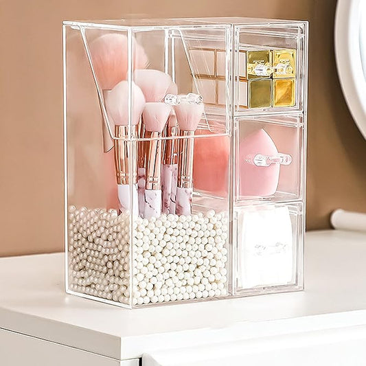 Acrylic Makeup Brush Holder with Lid - Cosmetics Storage Display Case - Clear Cosmetic Makeup Brush Organizer and Storage Box with Cover for Vanity (Style 2)