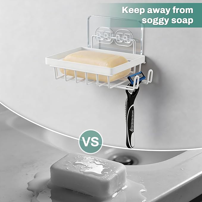 White Soap Dish for Shower Wall, Adhesive Self Draining Shower Bar Soap Holder Container Caddy Saver with 2 Hooks for Razor Loofah, Shampoo Sponge Tray Case Box for Bathroom Kitchen Sink