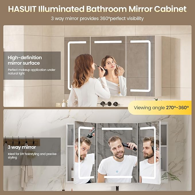 Hasuit Medicine Cabinet Organizer with Mirror, Lighted Bathroom Medicine Cabinet with Storage, 3 Doors Bathroom Wall Cabinet with LED Lights, Adjustable Shelves & Outlets, 39.4'' x 23.6'', White