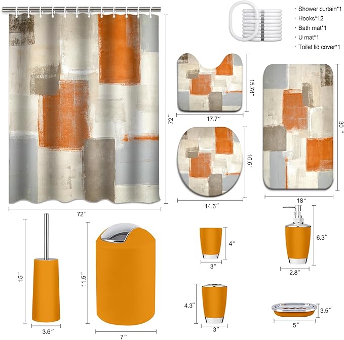 Lnond Orange Bathroom Set, 23-Piece Orange Abstract Bathroom Decor Set with with Shower Curtain and Rugs, Trash Can, Toilet Brush Holder Set & Soap Dispenser