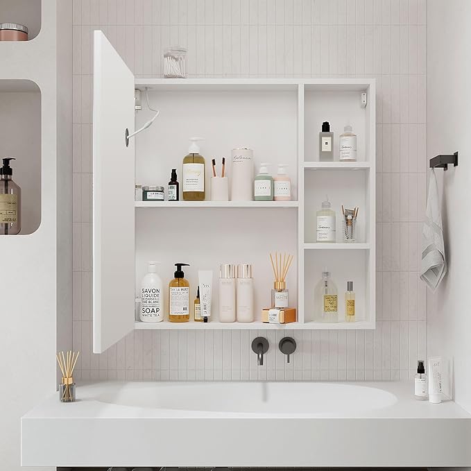 Medicine Cabinets with Light,LED Bathroom Mirror Cabinet with Storage,Mirrored Lighted Medicine Cabinet Wall Mounted,Medicine Cabinets for Bathroom,Botiquin para Baño con Espejo,28X28inch
