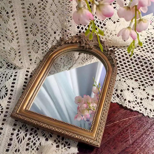 Bronze Vintage Vanity Desk Makeup Mirror Antique Decorative Wall Mirror,Resin Carved Arched Mirror for Living Room,Bedroom Dresser,Home Decor ﻿ (Medium)