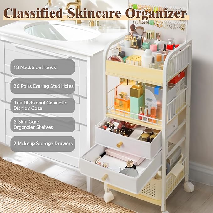 Makeup Cart, Makeup Organizer Cart with Wheels, Rolling Floor Skincare Organizer, Jewelry Organizer for Earring Necklace, Vanity Storage Drawers for Skincare Perfume Nail Polish Brush