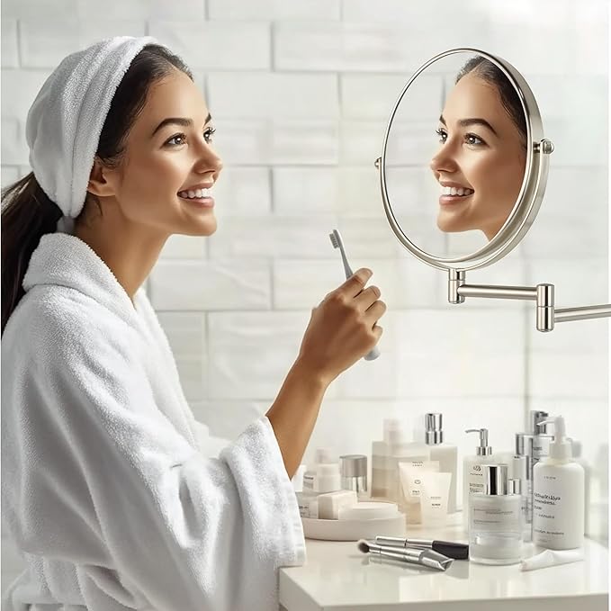 JANEEVA 8" Wall Mounted Makeup Mirror, 10X Magnifying Mirror with 360 Extendable Arm - Double Sided Vanity Mirror for Bathroom (Brushed Nickel)