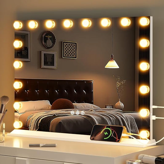 Memobarco Vanity Mirror with Lights, Makeup Mirror with USB/Type-C Charging, Large Hollywood Mirrors w/ 18 LED Bulbs & 5X Magnifier, LED Mirrors for Bedroom Tabletop & Wall Mounted
