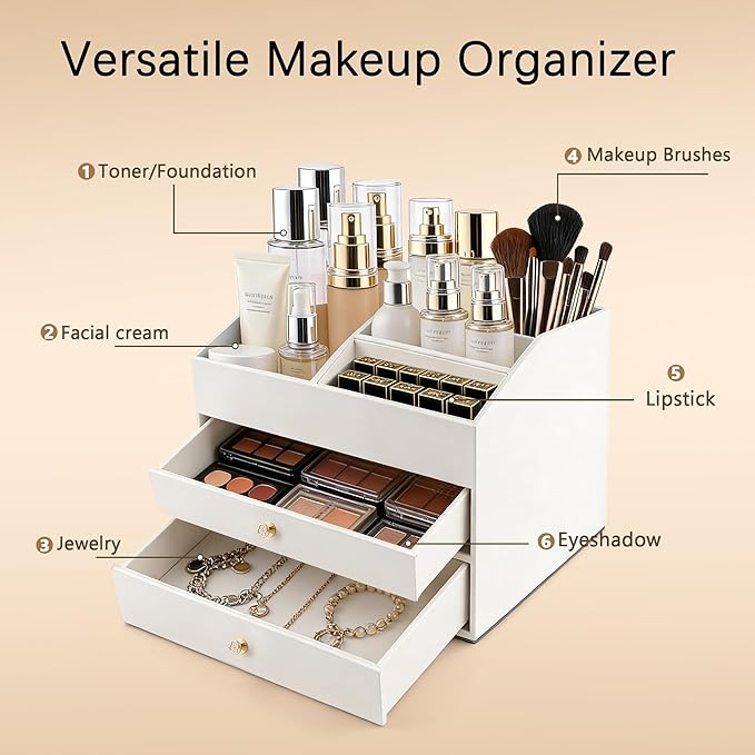 Homeanda Makeup Organizer with Drawers, PU Leather Cosmetic Storage Box Large Cosmetic Display Case for Skincare, Lipstick, Brushes, Bedroom Storage(White)