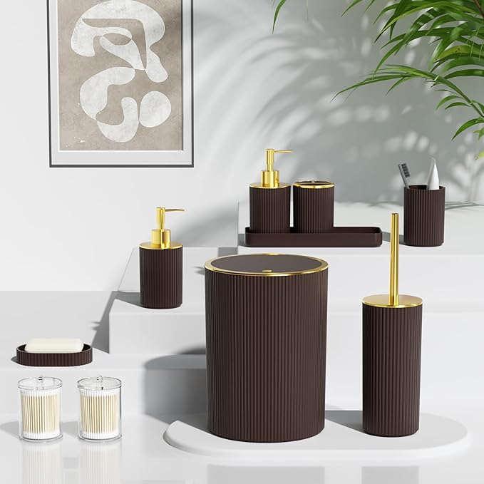 Brown Bathroom Accessories Set, 10PC Bathroom Set, Bath Accessory with Pop Up Trash Can, Soap Dispenser, Toilet Brush, Toothbrush Set Qtip Holders & Tray