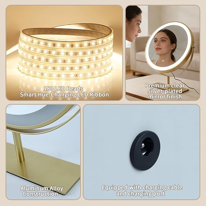 15.8-inch Round Makeup Mirror with Lights, 360° Rotating LED Three-Color Lights with Adjustable Brightness. Desktop Vanity Mirror (Gold).