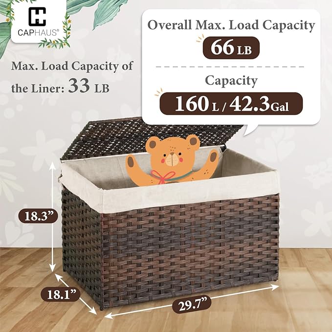 CAPHAUS Laundry Basket w/Lid, Synthetic Rattan Laundry Hamper w/Lid and Handles, 2 Removable Liner Bags, Foldable Clothes Hamper for Laundry, Large Storage Basket w/Lid, 160L, Brown