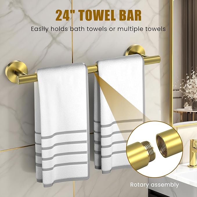 Brushed Gold 4 Piece SUS304 Stainless Steel Bathroom Accessories Set, 24 Inch Towel Bar Set, Round Bathroom Accessories Kit Wall Mounted, Minimalist Design for All Styles Bathrooms (Gold)