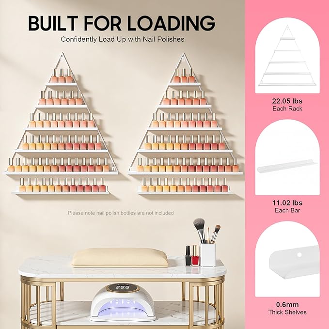 Elegant Gold Wall Mounted Nail Polish Rack - Set of 6 Triangular Cosmetic Display Shelves for Essential Oil Bottles, Organize Your Lipsticks and Perfumes in Style at Home or Salon (White)