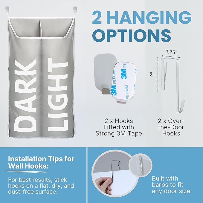 Hanging Laundry Hamper Bag XL 40x22", Space Saving over the Door Storage Bags, Behind the Door Hampers for Dirty Clothes & Wall Mounted Basket for Bathroom, Organizer for Small Room Spaces RV