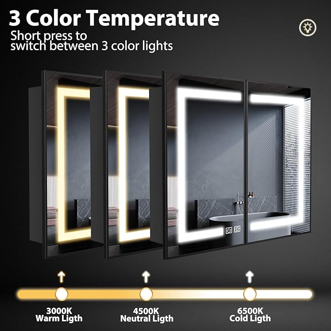 ROOMTEC Lighted Medicine Cabinet with Mirror 40"x32", Wall Mounted Bathroom Mirror with Storage, 2 Doors Bathroom Wall Cabinet with LED Lights, Black