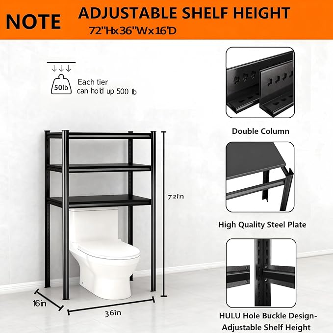 Over Toilet Storage Shelves, 5 Tier Adjustable Steel Shelf, Freestanding Metal Bathroom Space Saver, Waterproof&Rustproof Oraganizer with Reinforced Columns, Ideal for Laundry Bathroom, 36W*16D*72H