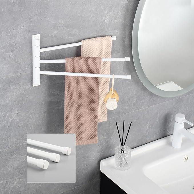 GERZWY Bathroom Hand Towel Rack 3-Bar Folding Arm Swivel Hanger Wall Mount Bath Towel Holder Stainless Steel Swing Out Towel Bar, White
