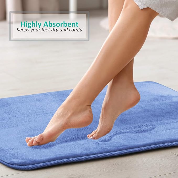 Clara Clark 2 Piece Bathroom Rugs Bath Mat Set, Velvet Memory Foam Bath Mats for Bathroom - Non-Slip, PVC Backing Bath Rugs, Washable - Dries Quickly, Calm Blue