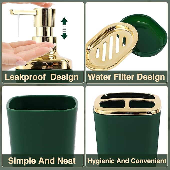 XLHOMO Bathroom Set Bathroom Accessories Set 8 Piece Green and Gold Bathroom Set, Bathroom Sets with Stainless Steel Trash Can,Toilet Brush,Toothbrush Set,Soap Dispenser