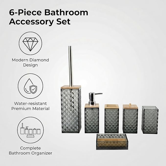 Grey Bathroom Accessory Set, 6 PCS Grey Bathroom Accessories Set, Soap Dispenser, Toothbrush Holder, Soap Dish, Mouthwash Cup, Cotton Swab Holder and Toilet Brush, Acrylic